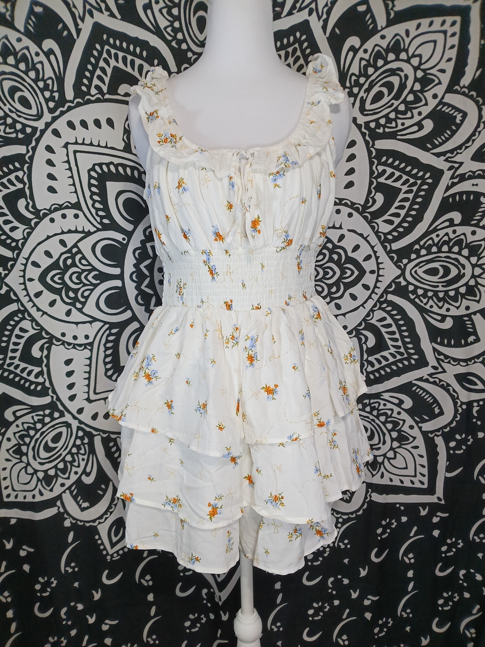 No Boundaries White Floral Tiered Romper with Orange & Blue Blossoms